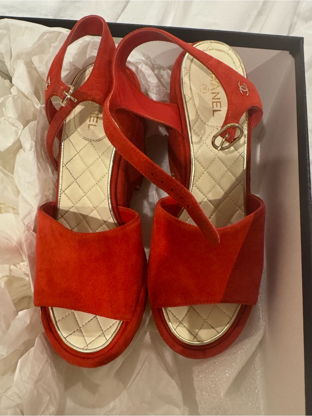 Chanel Red Suede Platform Slingback Sandals